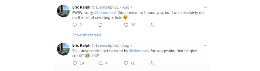 Elon Musk, credits onder foto, auteursrecht, topman Elon Musk, Tesla, Elon Musk blokkeert mensen die credits vragen