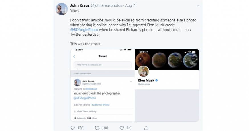 Elon Musk, credits onder foto, auteursrecht, topman Elon Musk, Tesla, Elon Musk blokkeert mensen die credits vragen